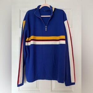 Stylish Blue Zip-Up Sweater with Stripes | Size L/XL